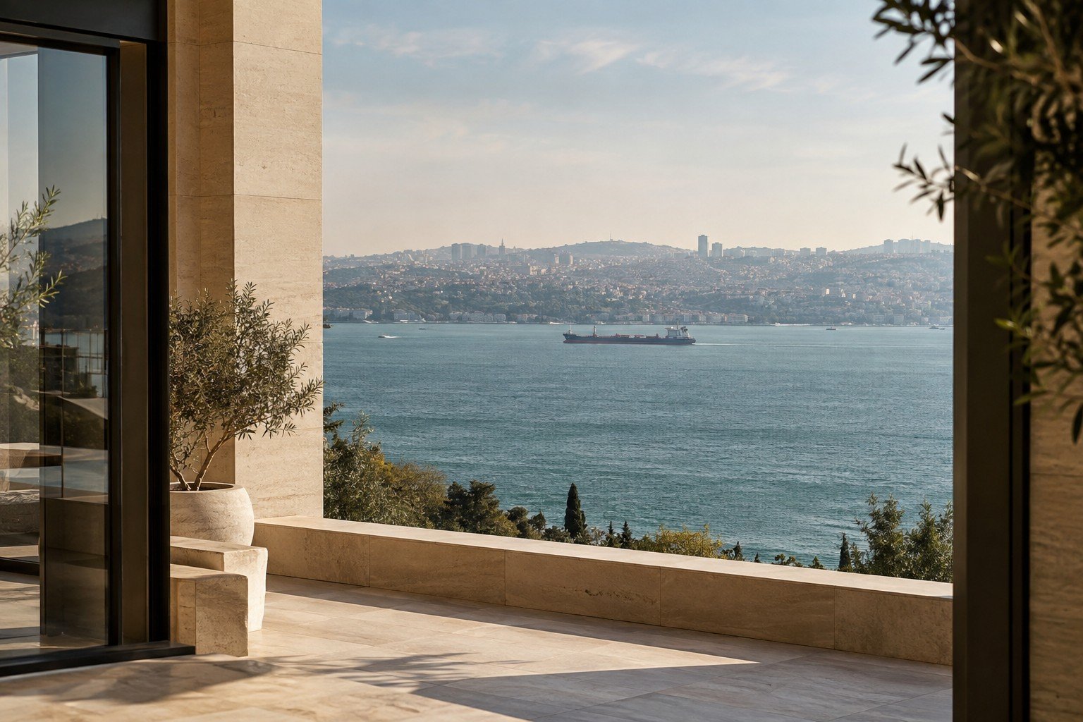 Editorial view of the Bosphorus from a stone terrace in Istanbul, with a commercial vessel on the water